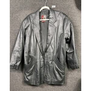 G-III Genuine Leather Jacket Coat Womens Size Medium Black Longline Pockets